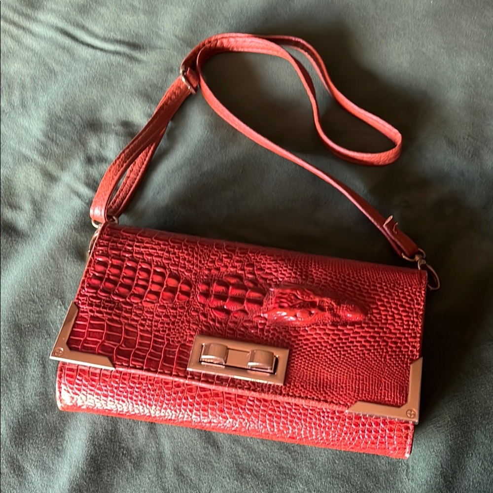 Red Crocodile Embossed Shoulder Bag